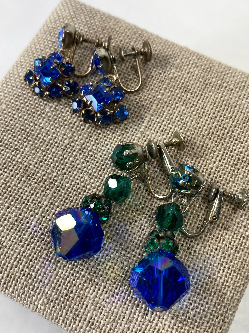 2pc Vintage Laguna Blue Green Crystal Drop + Blue Rhinestone Screw-back Earrings
